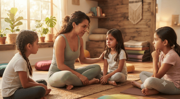 Instructora enseñando yoga infantil a niños en un espacio cálido con luz natural