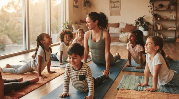 Instructora enseñando yoga infantil a niños en un espacio cálido con luz natural